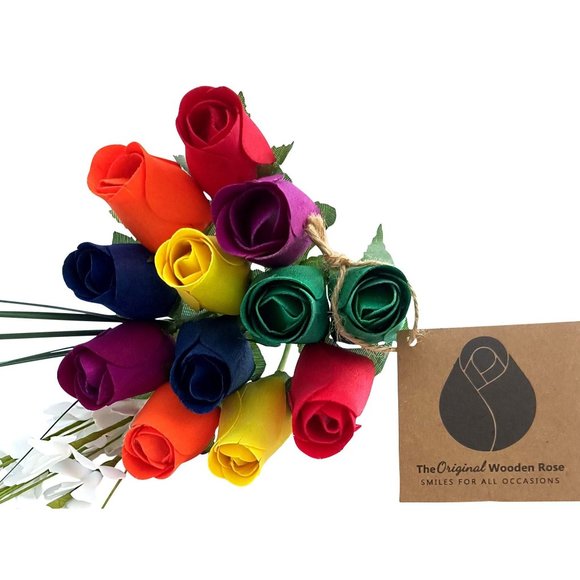 1 Doz Autism Aware Rainbow Wooden Roses Flower Bouquet. The Original Wooden Rose - Picture 1 of 8